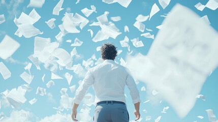 Freedom and Renewal: A man stands with his back to the camera, arms outstretched, as white papers flutter around him in the blue sky. The image evokes a sense of liberation and new beginnings.