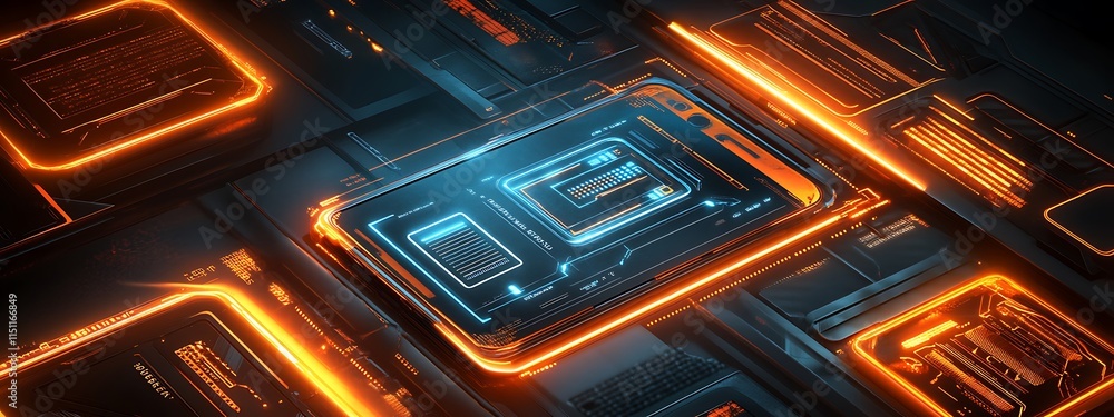 Poster futuristic glowing cpu on circuit board.