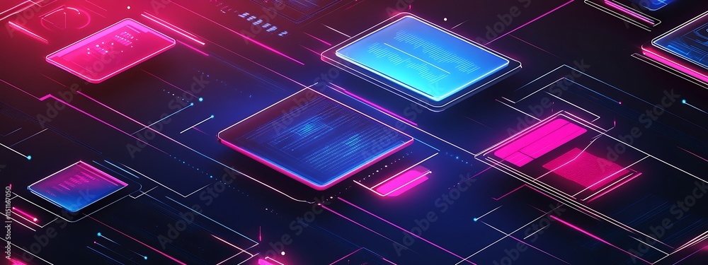 Poster futuristic neon circuit board with data.