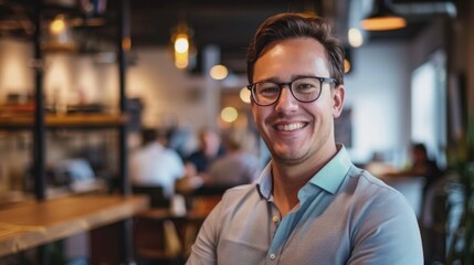 Obraz premium A confident young man wearing glasses stands in a contemporary office, smiling warmly