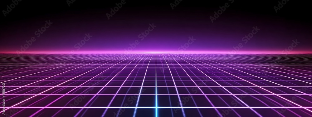 Poster glowing neon grid in digital space.