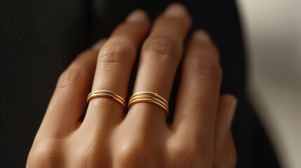 Delicate gold rings highlight a woman\'s hand while she wears a chic black blazer in soft lighting