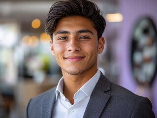 Obraz premium Young man smiling confidently in a formal suit setting with a modern background