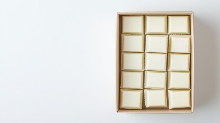 Elegant Arrangement of Creamy Dessert Squares in a Cardboard Box