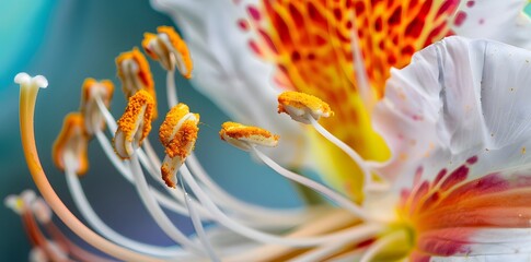 A stunning macro image capturing the intricate details of a blooming flower's stamen and pistil, showcasing the beauty of nature