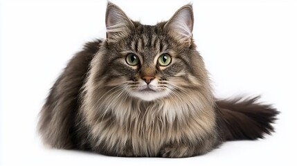Obraz premium Fluffy longhair cat sitting on white background.