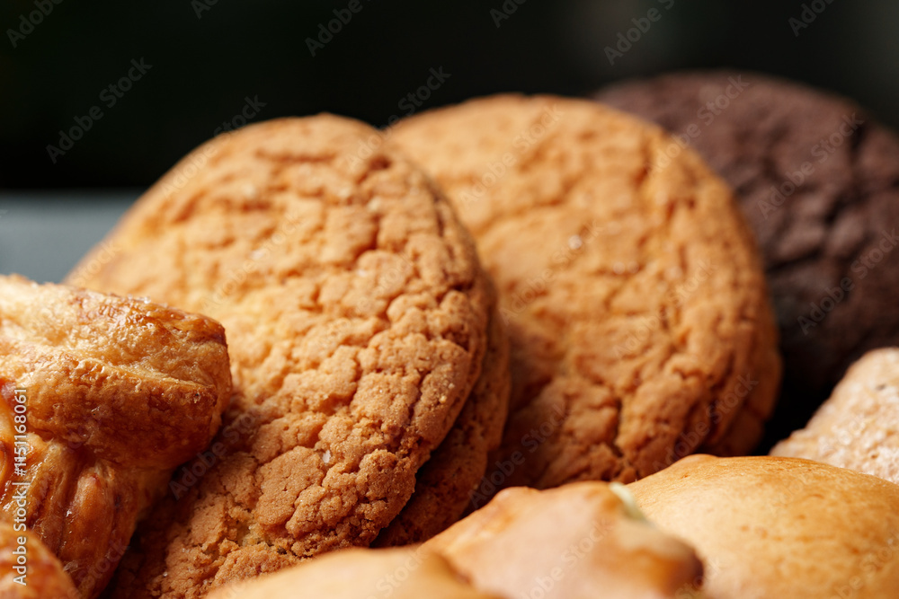Poster assorted cookies displayed on a plate with various textures and colors in a warm setting