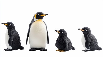 Fototapeta premium Four penguin figurines; one large and three small, isolated on white.