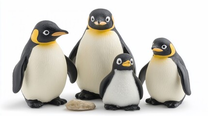 Four emperor penguins, two adults and two chicks, isolated on white background.