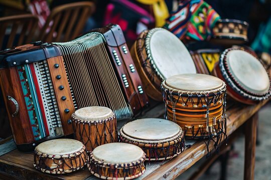 A close-up of traditional Dominican instruments, including the tambora and accordion, artfully displayed on a wooden table, showcases the vibrant cultural heritage 