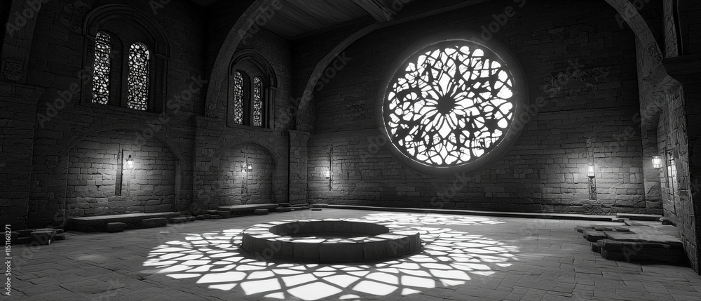 Poster medieval stone hall gothic architecture circular window light and shadow