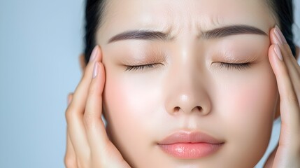 Fototapeta premium Asian Woman Massaging and Rubbing Her Irritated Eyes to Find Relief from Eye Fatigue Eye Strain and Digital Eye Strain Caused by Extended Screen Time and Overwork Vision Care and Self Care Concept