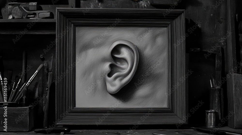 Aufkleber hyper-realistic artwork of an ear in a black frame set against an artistic workshop background, show