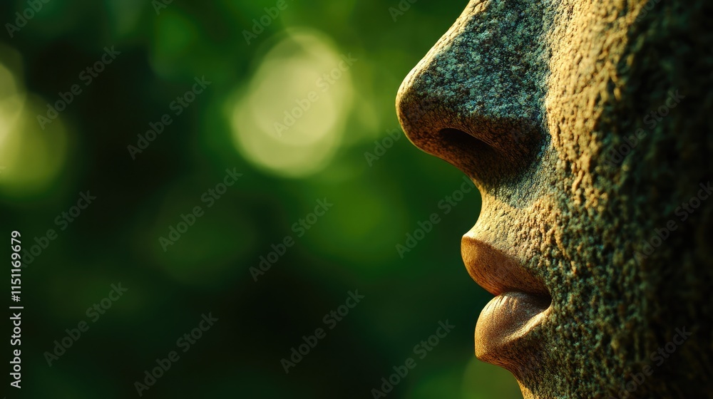 Poster close-up of a stone sculpture face capturing serene expressions with nature background highlighting 