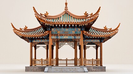 Fototapeta premium An exquisite Chinese pavilion featuring detailed wood carvings and vibrant tile work stands proudly against a subtle background, exemplifying traditional craftsmanship.