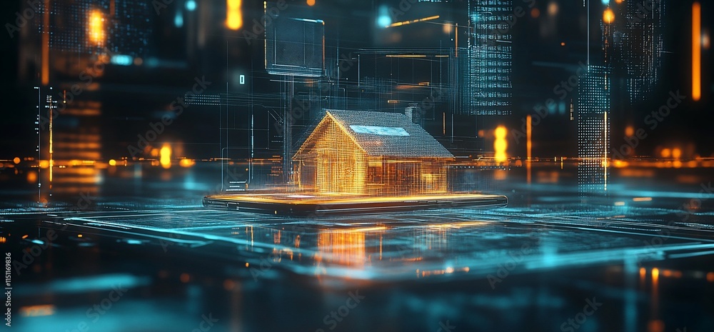Poster a digital representation of a house within a futuristic data environment.