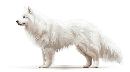 Fototapeta premium A white Samoyed dog stands proudly, gazing sideways with fluffy fur on a bright white background