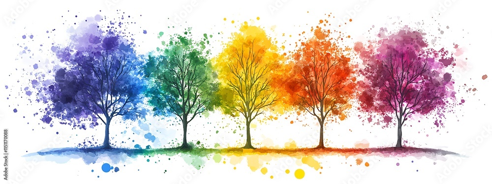Poster Five colorful trees with watercolor splashes.