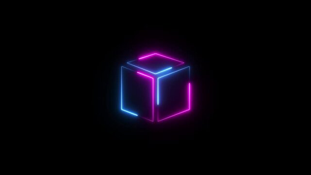 Glowing looping pentagonal neon square frame effect, black background. Technology Sign, Colorful Neon Figure On Black Background.