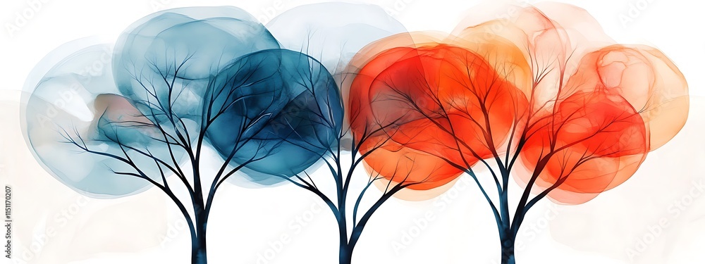 Poster colorful abstract trees with round canopies.