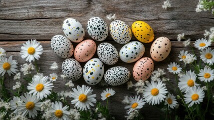 Obraz premium Decorative Easter Eggs Surrounded by Fresh White Daisies and Greenery