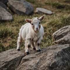 Obraz premium A baby goat climbing a small rock.