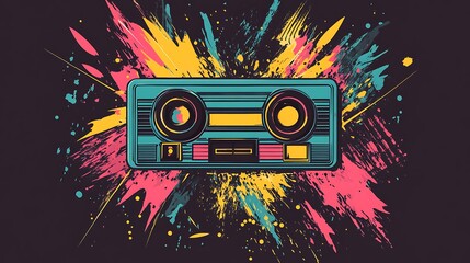 Fototapeta premium Colorful cassette tape with paint splatters.