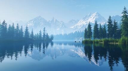 A tranquil mountain lake mirrors the surrounding peaks under a clear blue sky, framed by pine trees along the shore, perfect for relaxation.