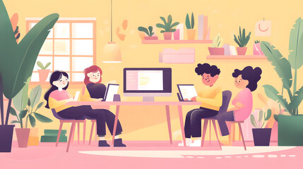 Fototapeta premium cheerful multicultural team brainstorming together in bright workspace filled with plants. They are engaged in discussion, using laptops and tablets, fostering creativity and collaboration