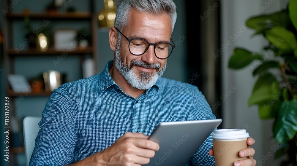 Fototapete relaxed and content businessman in smart casual attire using tablet while having coffee break at his