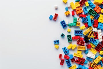 Colorful Plastic Building Blocks Toy Scattered on White Background