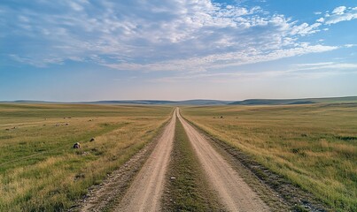 Naklejka premium A dirt road stretches through a vast, open landscape under a blue sky.