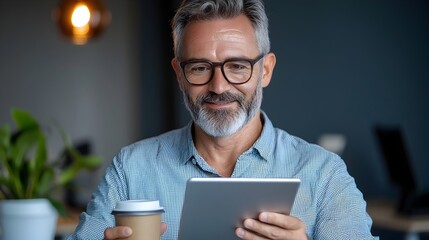 Relaxed yet professional businessman enjoying a coffee break while using a tablet device in a stylish and contemporary office setting