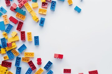 Colorful Plastic Building Blocks Toy Scattered on White Background
