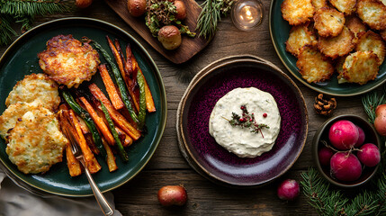Colorful and inviting holiday meal featuring roasted vegetables, crispy latkes, and creamy dip. Perfect for festive gatherings and celebrations with family and friends