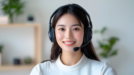 Asian Woman Providing Professional Assistance to Clients Through an Online Platform Using a Headset in a Peaceful White Toned Room