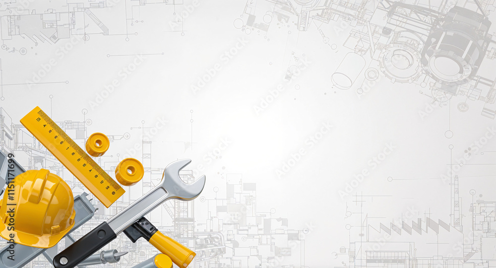 Poster abstract background mix of objects and details on a construction theme, with empty space for text . 