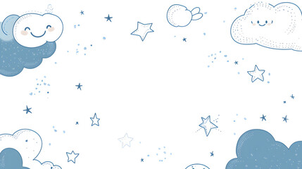 Cute blue clouds and stars create whimsical background for children educational materials, perfect for fostering creativity and imagination