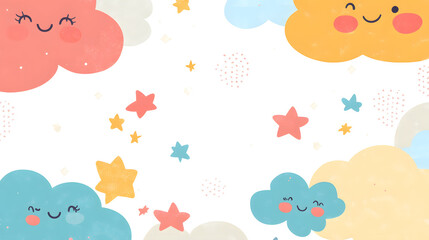 Cute clouds and stars create whimsical background with cheerful expressions, perfect for children designs or educational materials