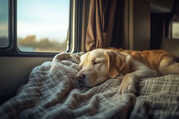 Obraz premium A serene moment captured with a sleeping dog resting peacefully on a cozy blanket. The warm sunlight filters through the window, creating a tranquil atmosphere. Generative AI