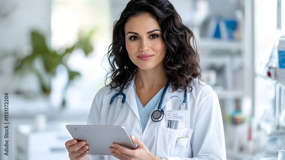 Aufkleber focused lady doctor reviewing patient data on digital tablet while working by the clinic window enga