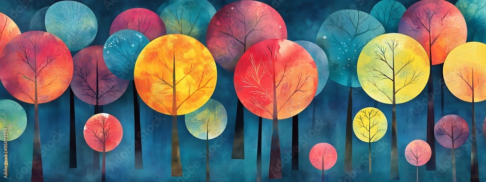 Poster colorful round trees on a dark background.