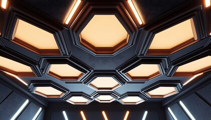 Hexagonal acoustic ceiling panels arranged in a geometric pattern in a music studio