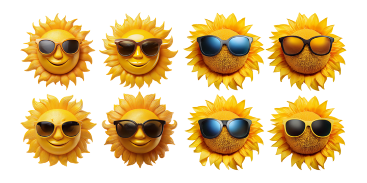 Happy Sun Characters with Sunglasses on Transparent Background