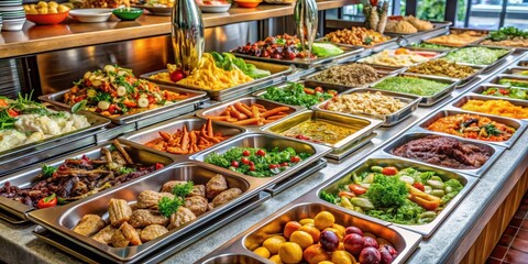 Fototapeta premium Luxurious restaurant buffet filled with a variety of meat and vegetable dishes, catering, buffet, food, restaurant, luxury