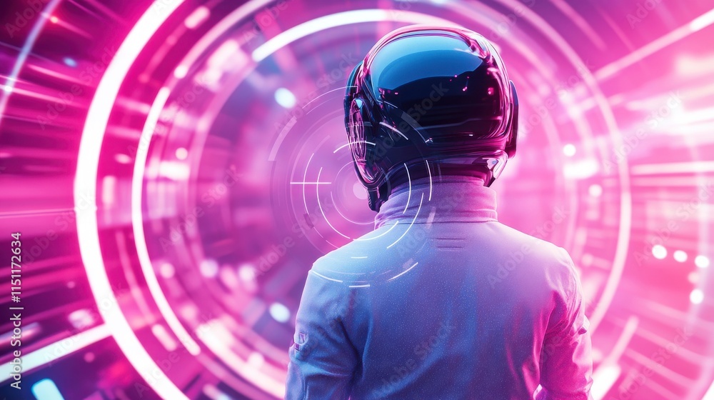 Poster futuristic astronaut in a dynamic space environment with neon colors and vibrant light effects surro