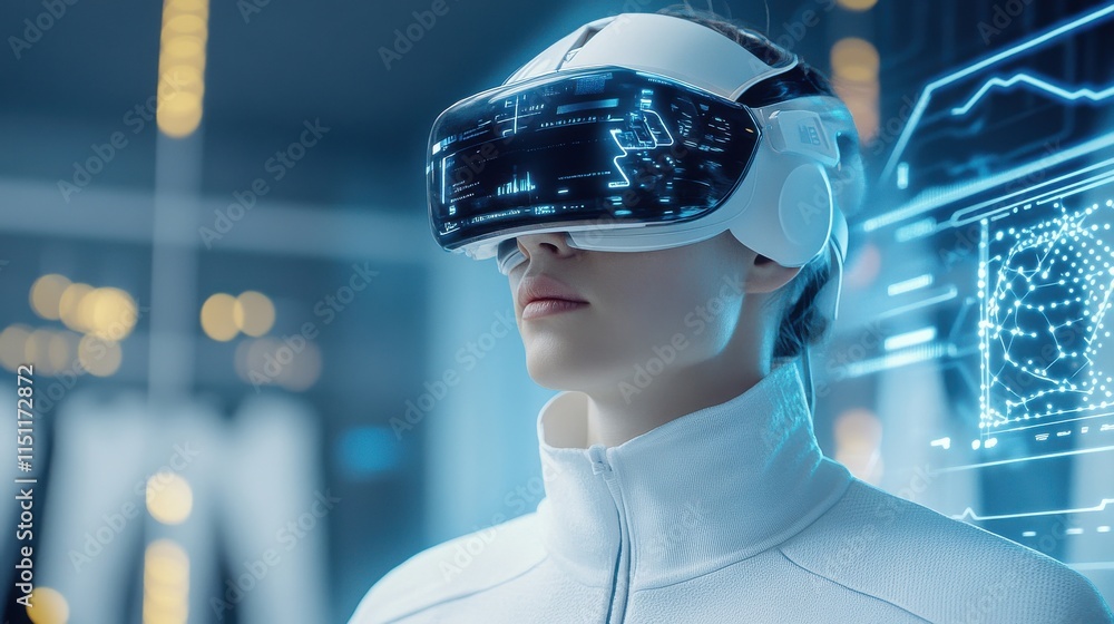 Poster futuristic person experiencing virtual reality with advanced technology visualization in a modern se