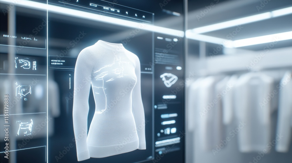 Poster futuristic garment visualization in a high-tech retail environment showcasing smart features and des