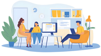 friendly work environment with team of young professionals collaborating on laptops. space features plants, modern furniture, and bright colors, creating inviting atmosphere