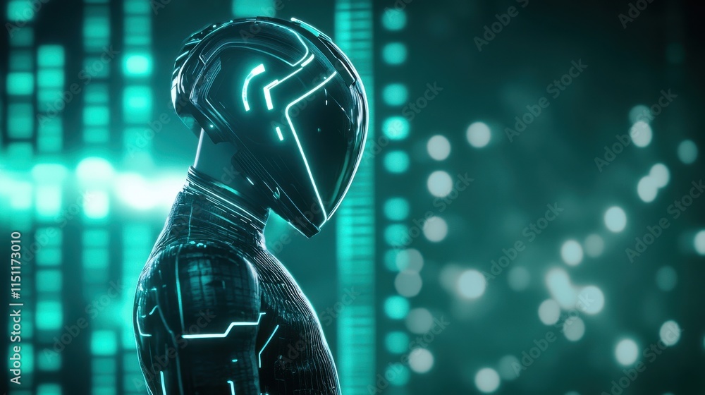 Aufkleber futuristic humanoid robot with glowing neon lines against a digital background representing advanced